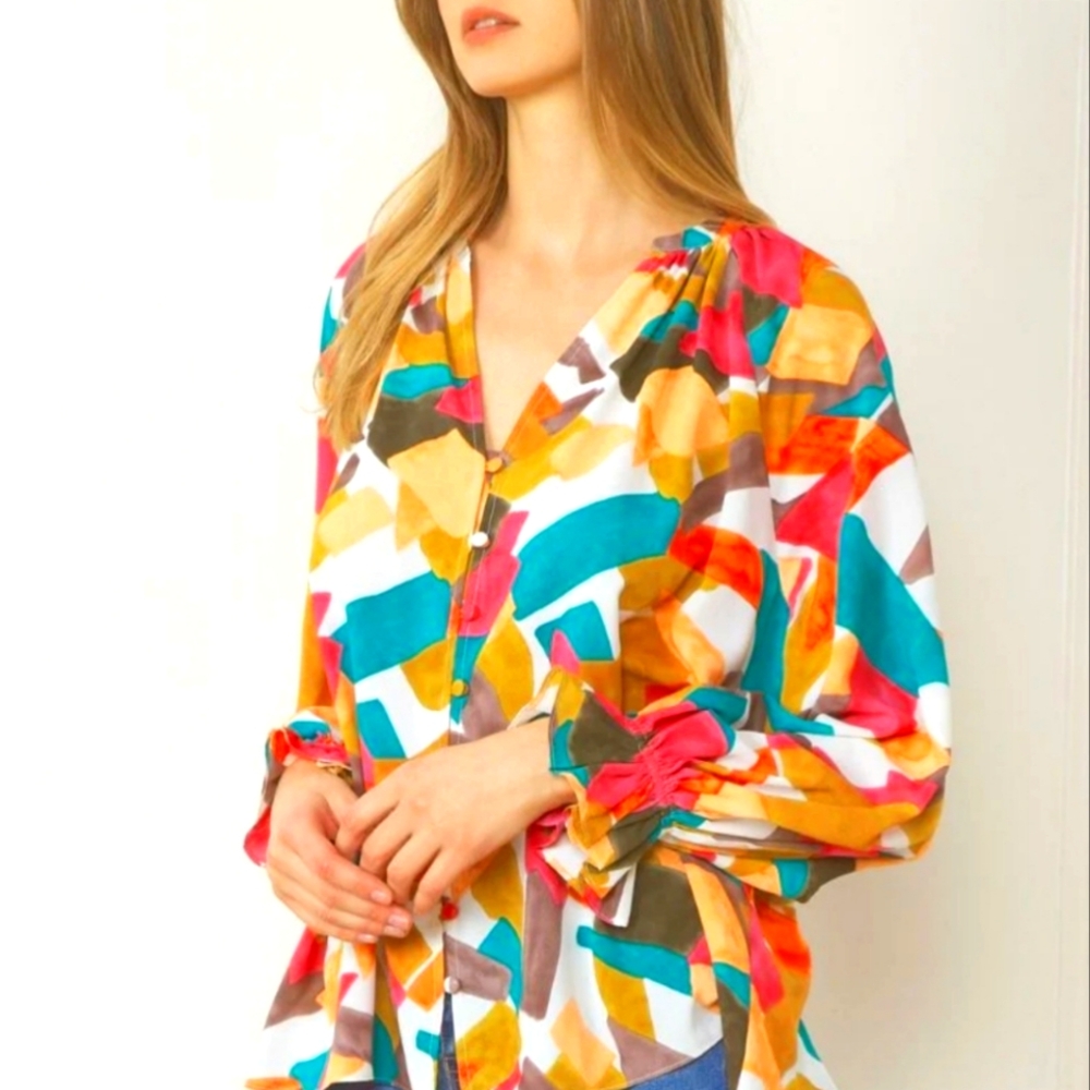 Entro Abstract Print Button-Down Balloon Sleeve T… - image 1